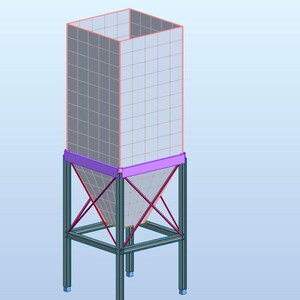 May include: A 3D rendering of an industrial hopper. The hopper has a rectangular, grid-patterned container with a purple support beam. The support structure is made of metal beams and has a cross-braced design. The structure is gray and purple.