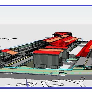 May include: Architectural rendering of a complex with multiple buildings, platforms, and structures. The buildings have red roofs and gray walls. The text "RVT." is in red in the upper right corner. The rendering is set against a light gray background.