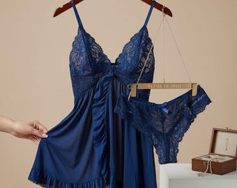 Women's Lace Nightgown Set, Sheer V-Neck Lingerie Pajamas, Elegant Sleepwear