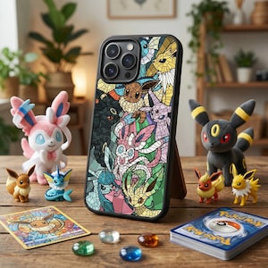 May include: A black phone case with a stained-glass design featuring various Pokémon characters, displayed on a wooden stand. Surrounding the case are Pokémon figurines, trading cards, and colorful glass stones, creating a themed display.