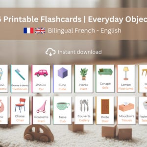 16 Everyday Objects Flashcards, Printable, Bilingual French English, babies and toddlers, Educational (Digital Download)