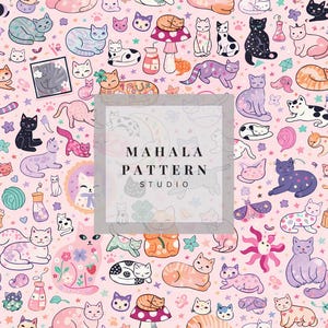 May include: A pink pattern featuring various cartoon cats in different poses and colors, along with mushrooms, stars, and other decorative elements. The text "MAHALA PATTERN STUDIO" is displayed in a white square.