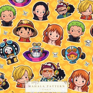 Puede incluir: Patrón repetitivo de ilustraciones de personajes de dibujos animados sobre un fondo amarillo. Los personajes tienen varios colores de pelo y llevan auriculares. Pequeñas calaveras blancas están dispersas por el diseño. El texto "MAHALA PATTERN STUDIO" está en la parte inferior.