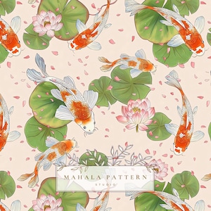 May include: Seamless pattern featuring koi fish with orange and white markings, swimming among green lily pads and pink lotus flowers. Scattered pink petals and the text "MAHALA PATTERN STUDIO" complete the design on a light peach background.
