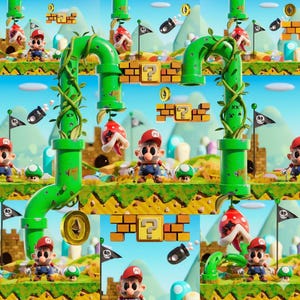 May include: A vibrant, repeating pattern featuring the iconic video game character Mario in a colorful, animated landscape. The scene includes green pipes, question mark blocks, coins, and mushroom-shaped characters, all set against a blue sky.