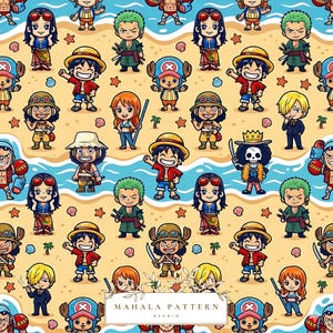May include: A repeating pattern featuring cartoon characters on a beach with blue waves and tan sand. The characters are in various poses, some holding weapons. The text "MAHALA PATTERN STUDIO" is at the bottom. Seashells and small palm trees are scattered throughout.