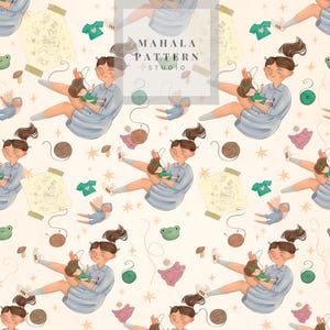 May include: A whimsical pattern featuring a repeating illustration of a girl holding a doll, surrounded by yarn, clothing, and drawings. The color palette includes soft blues, greens, pinks, and beige, with the text "MAHALA PATTERN STUDIO".