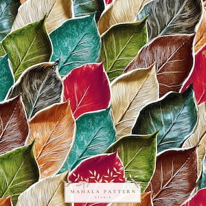 Texturerat löv sömlöst mönster, djärvt höstlövverk digitalt papper, flerfärgad botanisk tygdesign