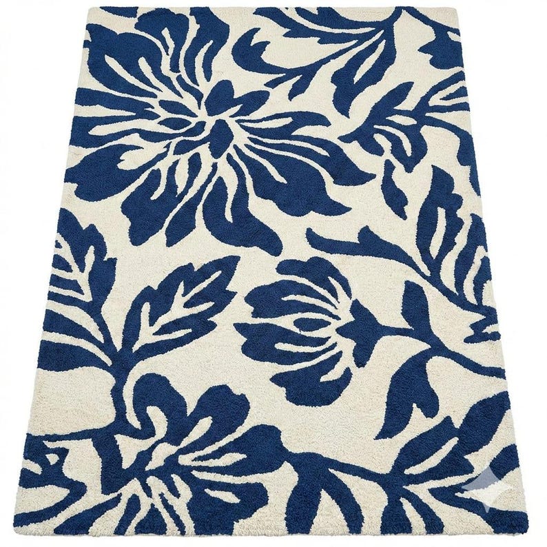 Puede incluir: Una alfombra rectangular con fondo crema y un dise&ntilde;o floral azul marino repetido. El patr&oacute;n presenta grandes flores y hojas estilizadas. La alfombra est&aacute; hecha de un material suave y afelpado, adecuado para una sala de estar o dormitorio. El dise&ntilde;o es moderno.