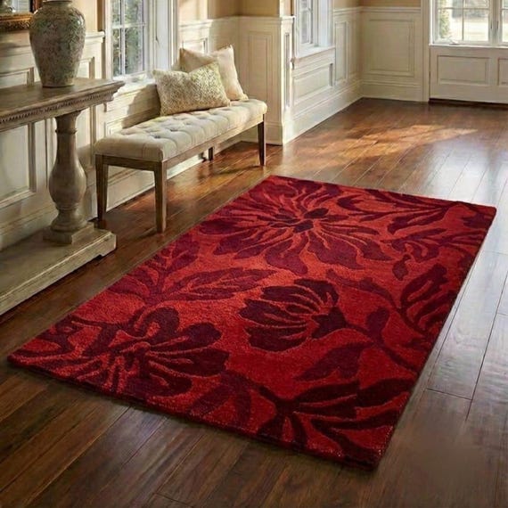 Hand Tufted Floral Area Rug,Modern Botanical Wool Rug,Navy Blue Cream or Red Flower Carpet,Large Living Room Rug,Handmade Bedroom Accent Rug