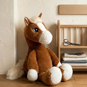 May include: A soft, brown horse toy with a white face marking, mane, and tail. The toy has blue eyes and white hooves. It is positioned on a wooden floor near a wooden shelf holding scissors and folded fabric.