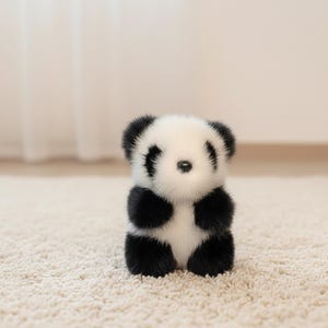 May include: A small, plush panda bear toy with black and white fur. The panda has black fur around its eyes, ears, and limbs, with a white body. It is sitting on a cream-colored carpet.