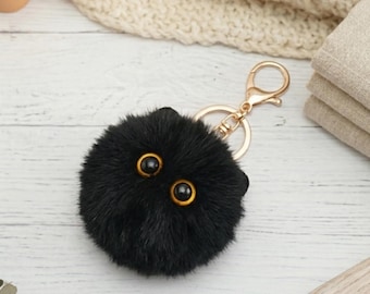 Black Plush Cat Keychain: Soft Faux Fur Kitten Bag Charm & Keyring