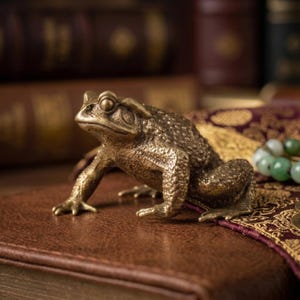 May include: A small, metallic, bronze-colored toad figurine with a textured, bumpy surface. The toad is depicted in a crouching position with its head turned slightly to the left, showcasing detailed eyes, a wide mouth, and webbed feet.