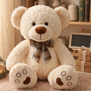 May include: A large, cream-colored teddy bear with a brown nose and a plaid bow tie. The bear has round, fluffy ears and paw pads with brown heart-shaped details. It is a soft plush toy.