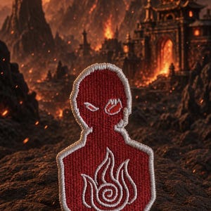 May include: A red embroidered patch featuring a stylized head silhouette with narrow eyes and a white flame symbol on the chest. The patch has a white stitched border and is shaped like a bust, showcasing detailed red thread work throughout.