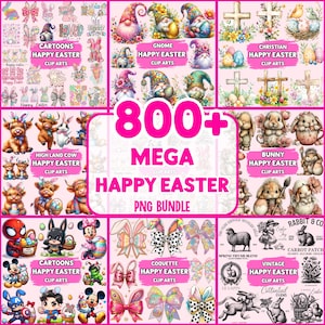 以下が含まれることがあります： イースターをテーマにした800以上のクリップアート画像を含むデジタルアートバンドル。コレクションには、漫画のキャラクター、ノーム、ウサギ、十字架、牛のイラストが含まれています。「Happy Easter」と「PNG Bundle」というテキストが表示されています。