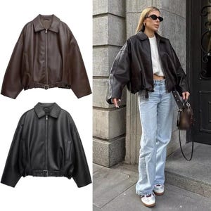 Vintage PU Leather Bomber Jacket – Loose Fit Streetwear, Patchwork Design