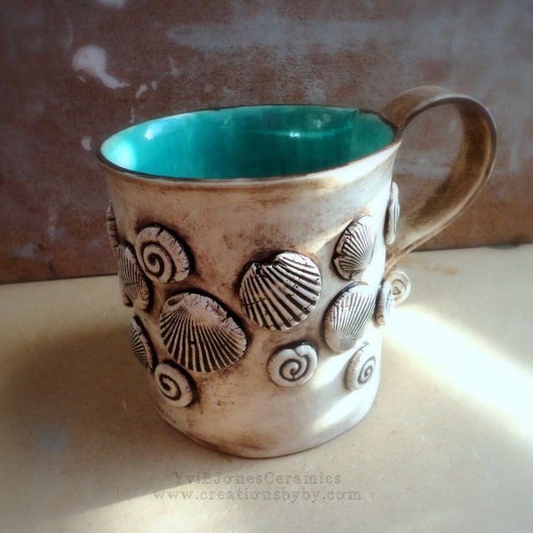 Handbuilt Large Coffee Cup, Ceramic Mug, Pottery Mug with Shells, Art, OOAK, 16 oz, Turquoise and Brown Rustic Beach style, hand crafted