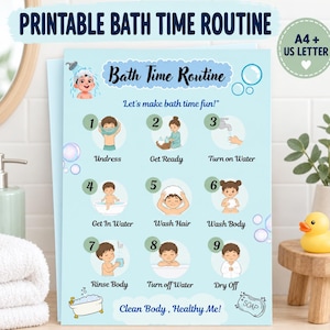May include: A light blue printable bath time routine chart featuring nine numbered steps with illustrations of a child performing hygiene tasks. The text includes 'Bath Time Routine', 'Let's make bath time fun!', and 'Clean Body, Healthy Me'.