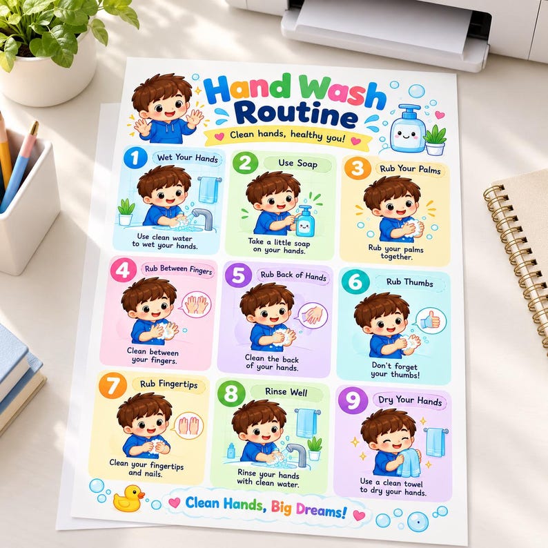 Printable Routine Cute Tableau imprimable des routines de lavage des mains pour enfants ...
