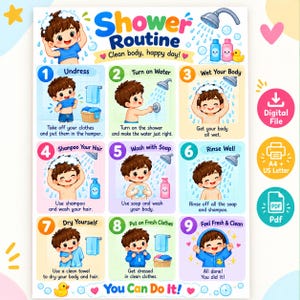 Op de afbeelding: Een kleurrijke educatieve poster getiteld Shower Routine met negen genummerde stappen en illustraties van een kind dat hygiënetaken uitvoert. De kaart bevat tekstinstructies voor elke stap, een digitaal bestandspictogram en A4- en US Letter-printlabels.