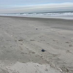 May include: A wide shot of a sandy beach under a cloudy sky. The ocean is visible in the distance, with small waves breaking on the shore. Footprints are scattered across the sand.