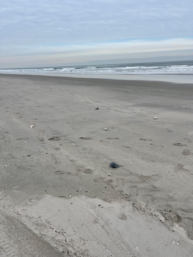 May include: A wide shot of a sandy beach under a cloudy sky. The ocean is visible in the distance, with small waves breaking on the shore. Footprints are scattered across the sand.