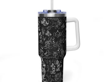 Mickey Mouse Animator Sketch 40oz Tumbler with Handle, Chalkboard Disney Quencher, Retro Mickey Drawing Travel Mug, Aesthetic Disney Fan Mug
