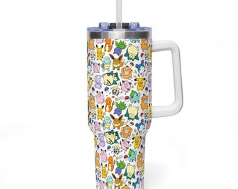 Cute Pocket Monster Tumbler, 20oz Travel Cup or 40oz With Handle, Anime Gamer Gift For Best Friend, Fun Birthday Present, Custom Cartoon Cup