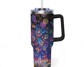 Magic Castle Fireworks Tumbler 20oz 40oz, Theme Park Lover Gift For Best Friend, Family Vacation Trip, Custom Neon Night Sky Cartoon Cup
