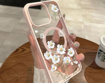 White Floral Clear Phone Case for iPhone 17 16 15 Pro Max, Botanical MagSafe Cover, Elegant Spring Flower Garden Gift