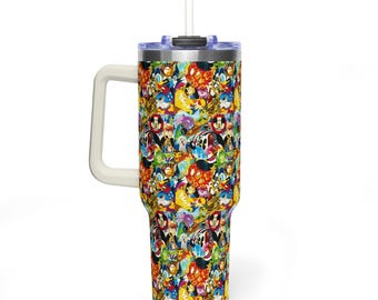 Disney Character Collage 40oz Tumbler with Handle, Ultimate Mickey and Friends Quencher, Colorful Disney Movie Fan Gift