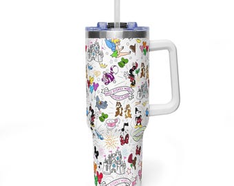 Magical Park Sketchbook 40oz Tumbler with Handle - Insulated Stainless Steel Travel Mug for Theme Park Fans - Disney World Disneyland Gift