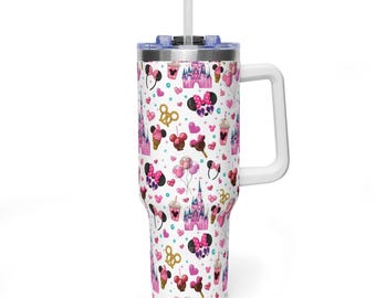 Pink Disney Castle 40oz Tumbler with Handle, Minnie Mouse Ears and Snacks Quencher, Magical Kingdom Travel Mug, Gift for Disney Lovers