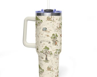 Vintage 100 Aker Woods Map 40oz Tumbler with Handle Winnie the Pooh Insulated Travel Mug Storybook Illustration Gift for Her Teacher Grad