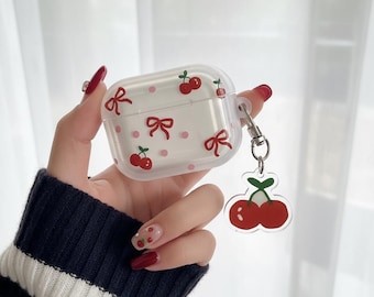 Cherry Bow AirPods Case, Clear Coquette Cover For Teen Girls, Sweet Birthday Gift, Custom Red Cherry Charm Attached, Soft Girl Pods