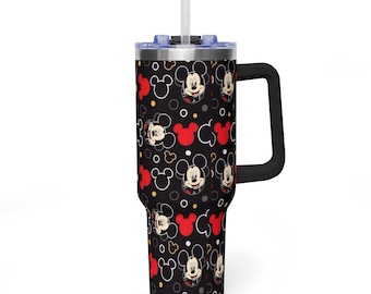 Classic Mickey Mouse Face Black Tumbler, Retro Disney Aesthetic 40oz Travel Mug, Premium Insulated Black Handle Cup