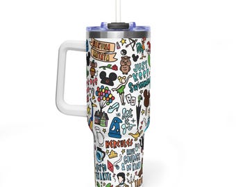 Disney Doodle 40oz Tumbler with Handle, Magical Kingdom Icons Quencher, Mickey and Friends Travel Mug, Disney Fan Gift