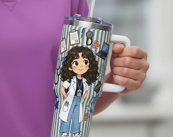 Cartoon Nurse 40oz Tumbler With Handle, Healthcare Worker Gift For Colleague, Med School Graduation Gift, Custom Medical Hero Cup