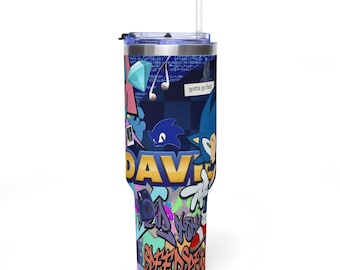 Custom Gamer Hedgehog Insulated Tumbler with Straw, For Boys and Teens, Birthday Party Gift, Personalized Y2K Graffiti Speed Water Cup