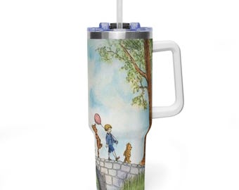 Classic Winnie the Pooh 40oz Tumbler with Handle, Christopher Robin and Tigger Watercolor Quencher, Retro Hundred Acre Wood Travel Mug