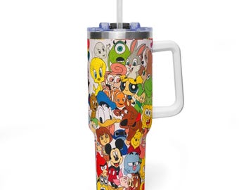Retro Cartoon Character 40oz Tumbler with Handle, Nostalgic 90s Kid Gift for Best Friend, Fun Birthday Present, Custom Animation Cup