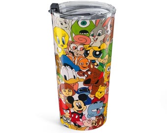 Retro Cartoon Mashup 20oz Travel Tumbler, Nostalgic 90s Kid Gift For Best Friend, Fun Birthday Present, Custom Animated Character Cup
