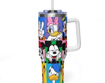 Klassieke Mickey Mouse beker met wit handvat, Disney Pop-Art Aesthetic 40 oz reismok, premium geïsoleerde Donald & Goofy-beker