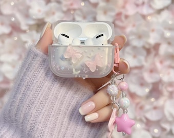 Pink Butterfly AirPods Case, 3D Fairycore Earbud Cover, Y2K Beaded Keychain, Coquette Gift For Teen Girls, Spring Floral Tech Accessory