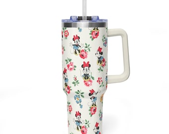 Minnie Mouse Vintage Floral 40oz Tumbler with Handle, Retro Minnie Mouse Roses Quencher, Disney Botanical Travel Mug, Gift for Disney Lovers