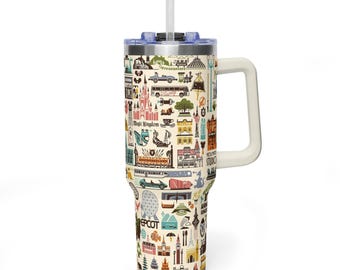 Magic Theme Park Icons Tumbler 20oz 40oz, Family Vacation Gift For Best Friend, Summer Trip Present, Custom Four Parks Map Cup