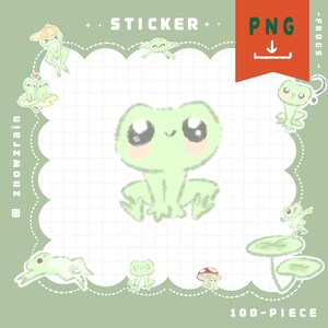 Può includere: Un set di adesivi digitali con diverse illustrazioni di rane verde chiaro con grandi occhi neri e guance rosa. La collezione include varie pose, un piccolo fungo e i testi STICKER, PNG, 100-PIECE e @snowzrain.