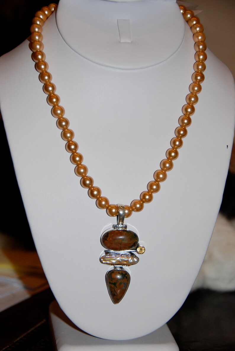 Pearl Beaded Necklace With Bruno Jasper and Mother of Pearl Etsy